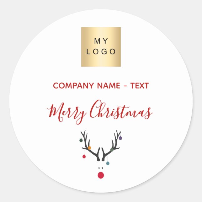 Christmas white red reindeer business logo classic round sticker (Front)