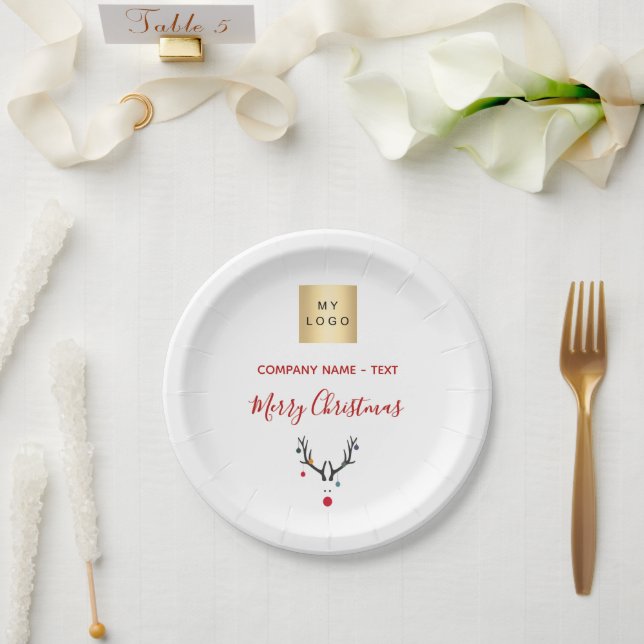 Christmas white red reindeer business logo paper plate (Wedding)