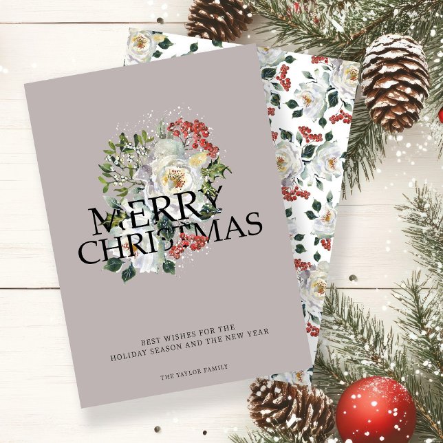 Christmas White Rose Flower Personalised Holiday Card (Christmas White Rose Flower Personalized Holiday Card by Ricaso. Stunning winter foliage with roses)