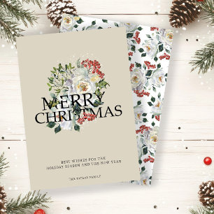 Christmas White Rose Flower Personalised Holiday Card