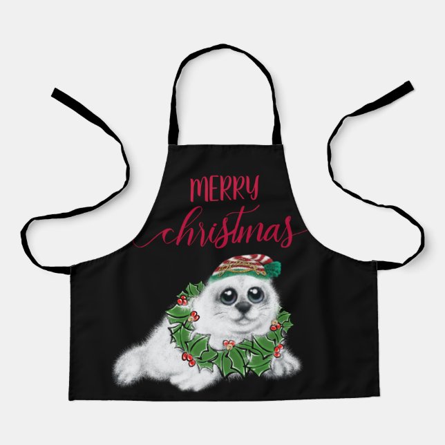 Christmas white seal pup, festive Arctic animal  A Apron (Front)