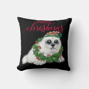 Christmas white seal pup, festive Arctic animal Th Cushion