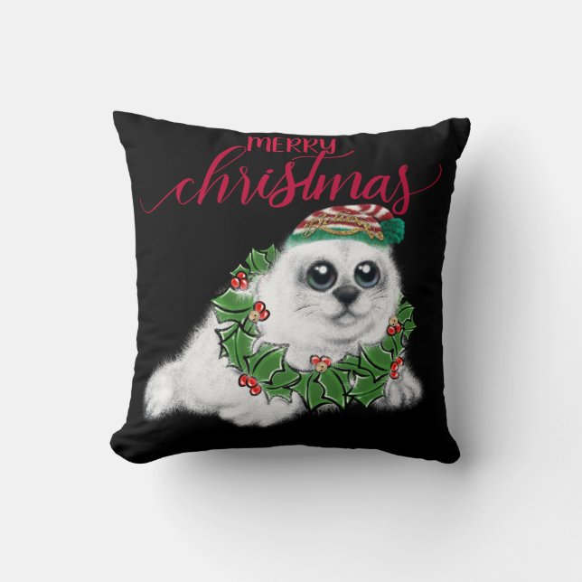 Christmas white seal pup, festive Arctic animal Th Cushion (Front)