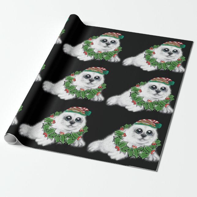 Christmas white seal pup, festive Arctic animal   Wrapping Paper (Unrolled)