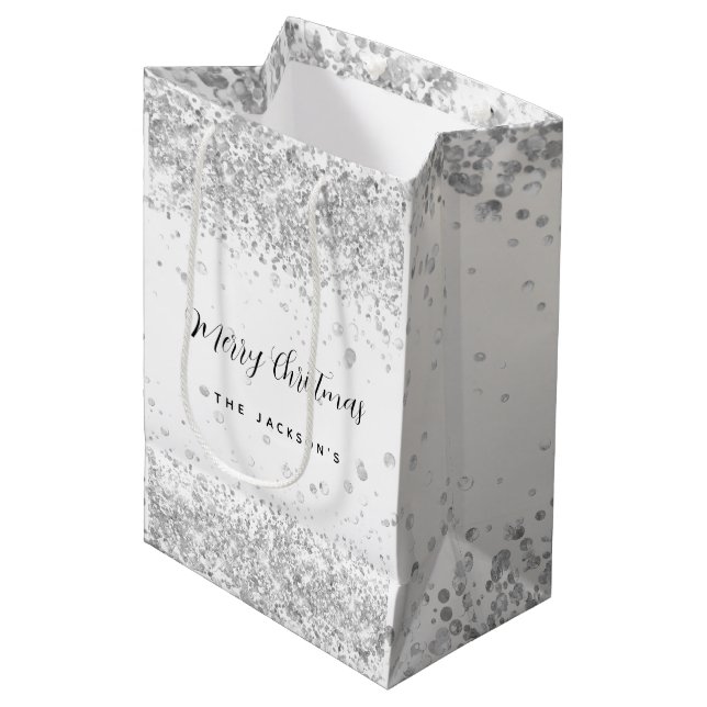 Christmas white silver sparkles name medium gift bag (Front Angled)