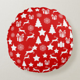 Christmas white snowflake on abstract red bakcgrou round cushion