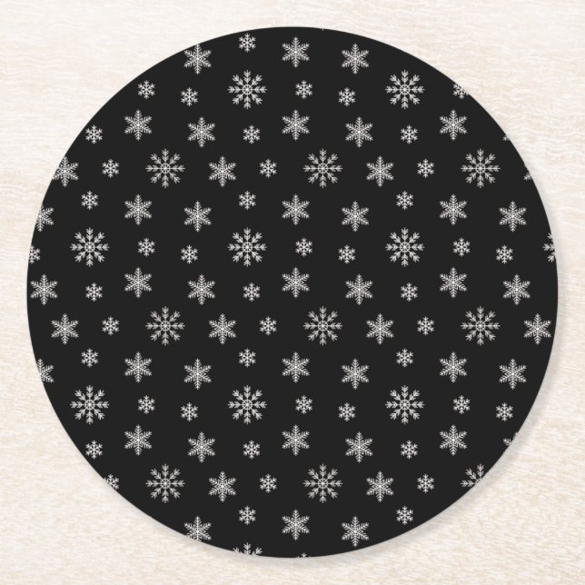 Christmas white snowflakes modern pattern black round paper coaster (Front)