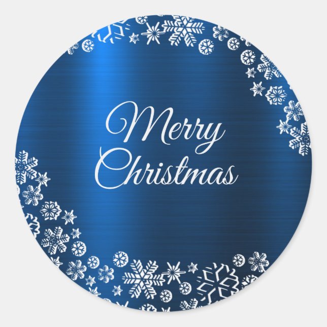 Christmas White Snowflakes Navy Blue  Classic Roun Round Sticker (Front)
