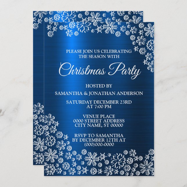 Christmas White Snowflakes Navy Blue Holidays Invitation (Front/Back)