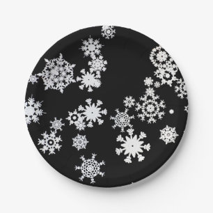 Christmas White Snowflakes On Black Paper Plate