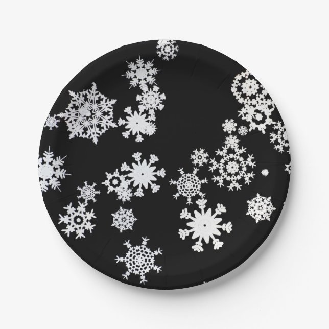 Christmas White Snowflakes On Black Paper Plate (Front)