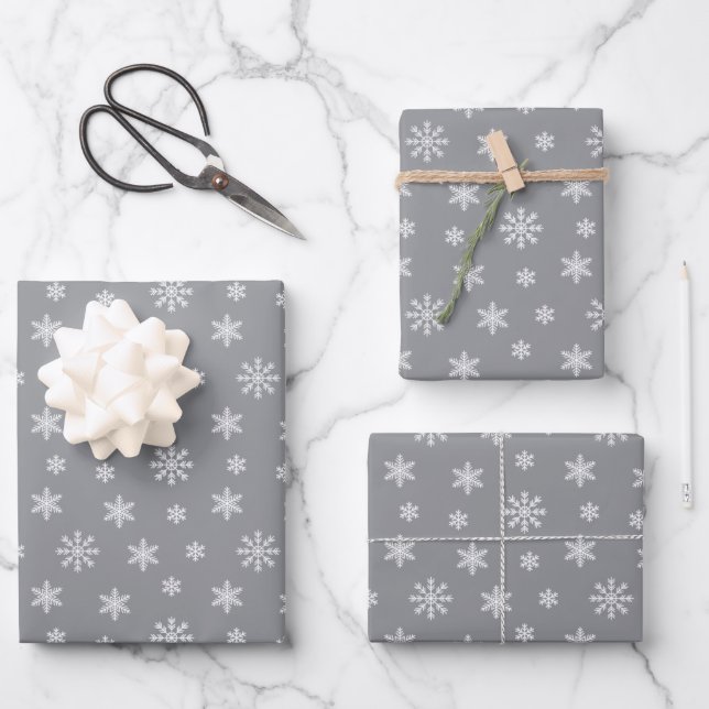 Christmas white snowflakes on grey background wrapping paper sheet (Front)