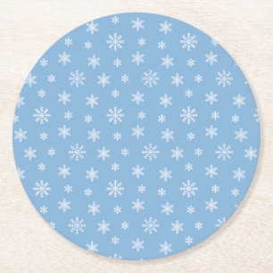 Christmas white snowflakes pattern baby blue round paper coaster