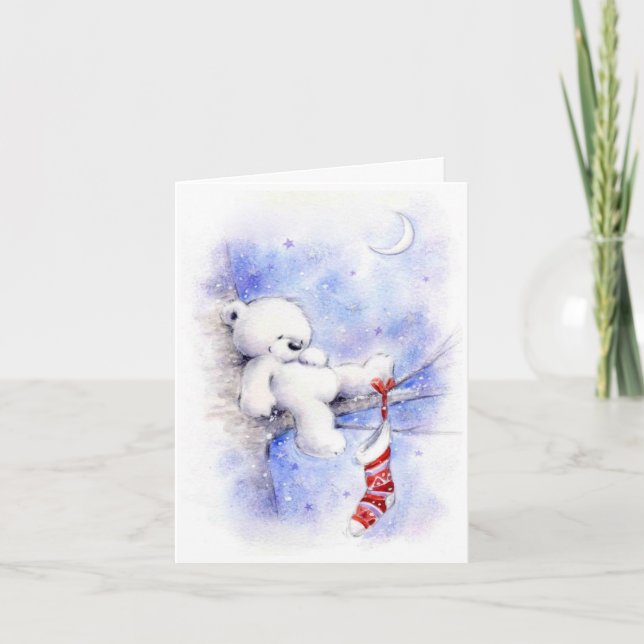 Christmas White Teddy Bear In A Tree Card (Front)