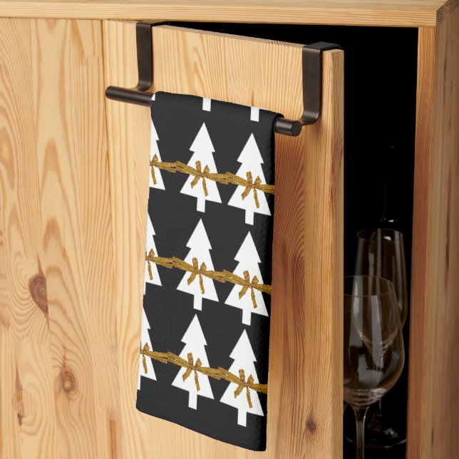 Christmas White Trees Bows Kitchen Towels Black (Thirds Fold)