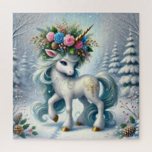 Christmas white unicorn with gold horn jigsaw puzzle