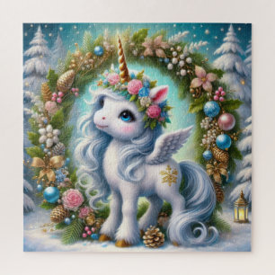 Christmas white unicorn with gold horn jigsaw puzzle