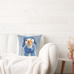 Christmas White Winter Goose With Blue Scarf Cushion
