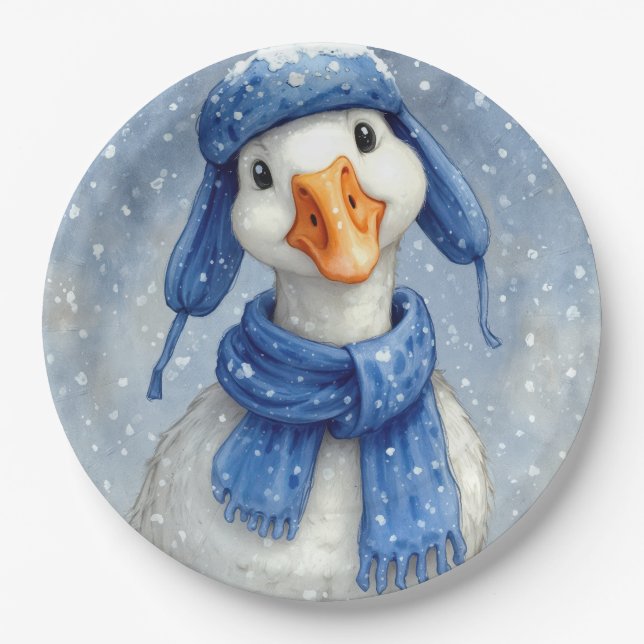 Christmas White Winter Goose With Blue Scarf Paper Plate (Front)