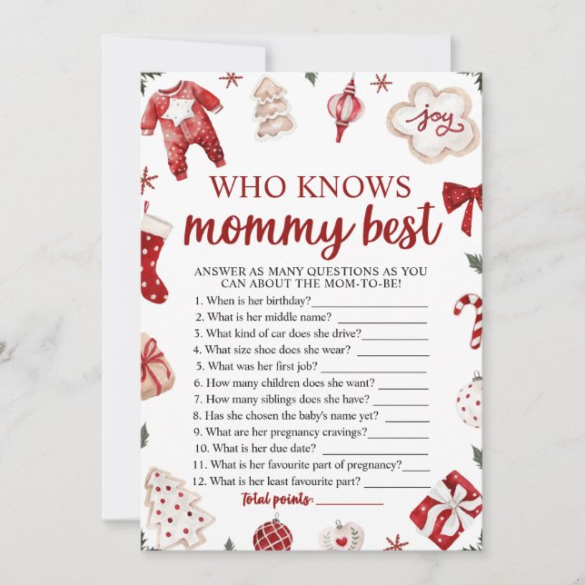 Christmas Who Knows Mummy Best Baby Shower Game Invitation (Front)