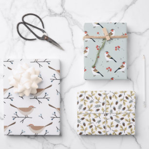 Christmas Wild Birds and Branches Pattern Wrapping Paper Sheet