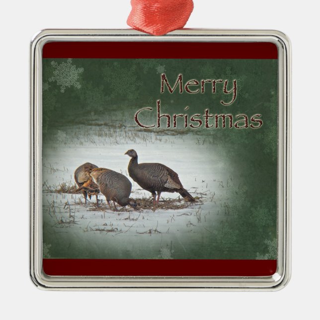 Christmas Wild Turkey in Snowy Field Metal Ornament (Front)