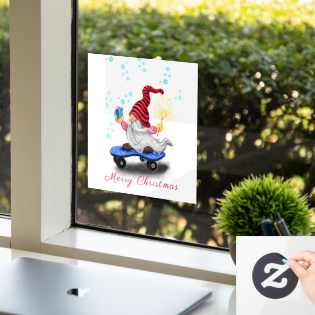 Christmas Window Cling Skater Gnome with Gifts (Office)