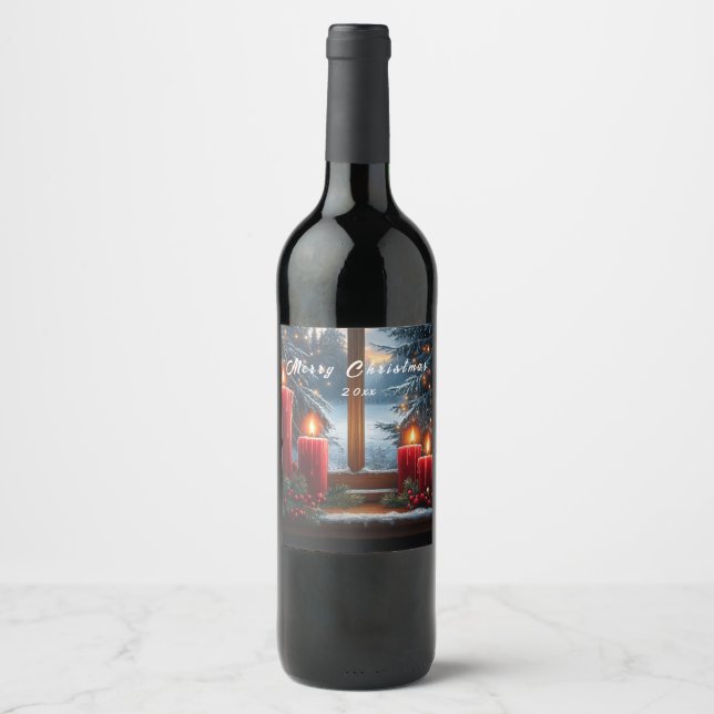 Christmas Window Red Candles Pine Trees Red Berry Wine Label (Front)