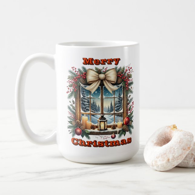 Christmas Window With Winter Scene Coffee Mug (With Donut)