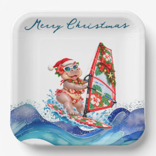 Christmas Windsurfing Hippo Tropical Beach Party Paper Plate