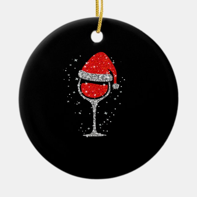 Christmas Wine Glass Snowflakes Santa Hat Red Wine Ceramic Ornament (Front)