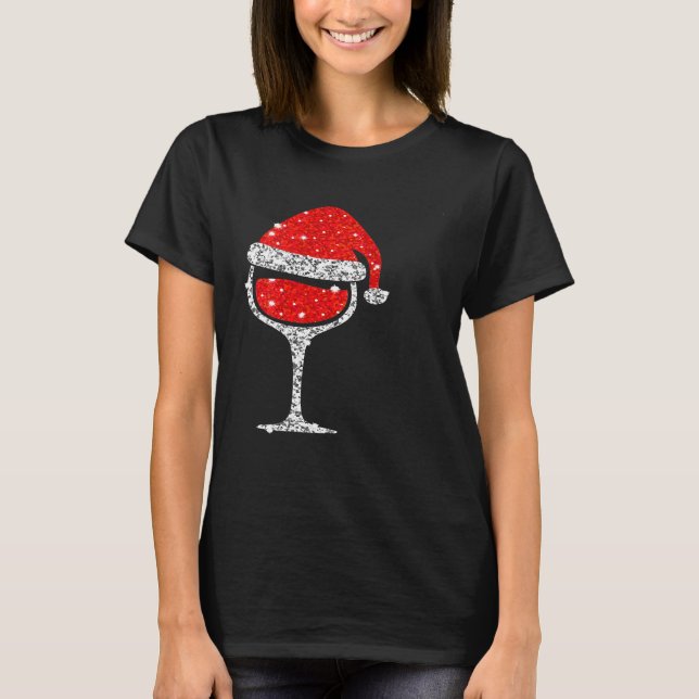 Christmas Wine Glass With Santa Hat Red Wine T-Shirt (Front)