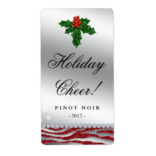 Christmas Wine Label Holly Glitter Zebra Red