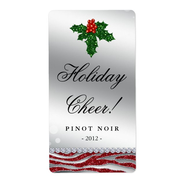 Christmas Wine Label Holly Glitter Zebra Red (Front)