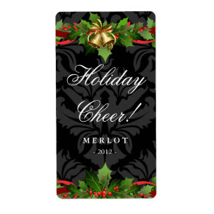 Christmas Wine Label Holly Gold Bells Damask Black