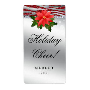 Christmas Wine Label Poinsettia Zebra Glitter