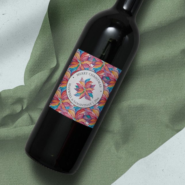 Christmas Wine Label Watercolor Botanical (Christmas wine label unique unique botanical watercolor poinsettia)