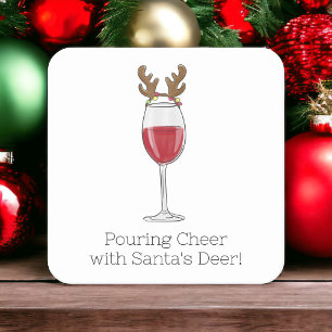 Christmas Wine Pouring Cheer with Santa's Deer Square Paper Coaster