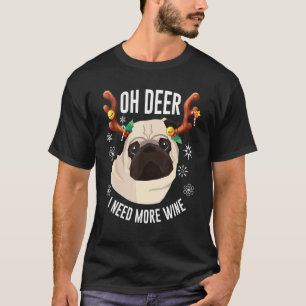 Christmas Wine Pug With Deer Antlers For Women T-Shirt
