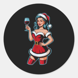 Christmas Wine Santa Girl Holiday Party Funny Vint Classic Round Sticker