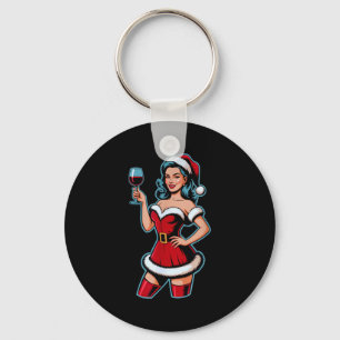 Christmas Wine Santa Girl Holiday Party Funny Vint Key Ring