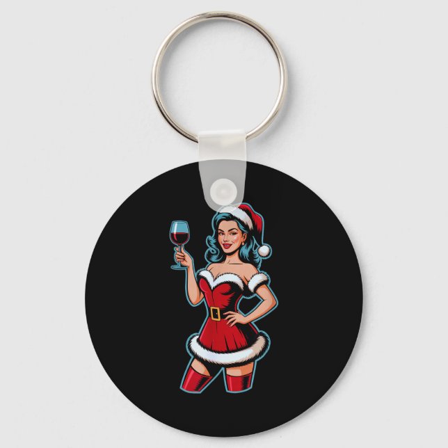 Christmas Wine Santa Girl Holiday Party Funny Vint Key Ring (Front)