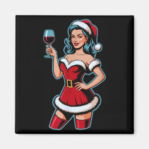 Christmas Wine Santa Girl Holiday Party Funny Vint Magnet