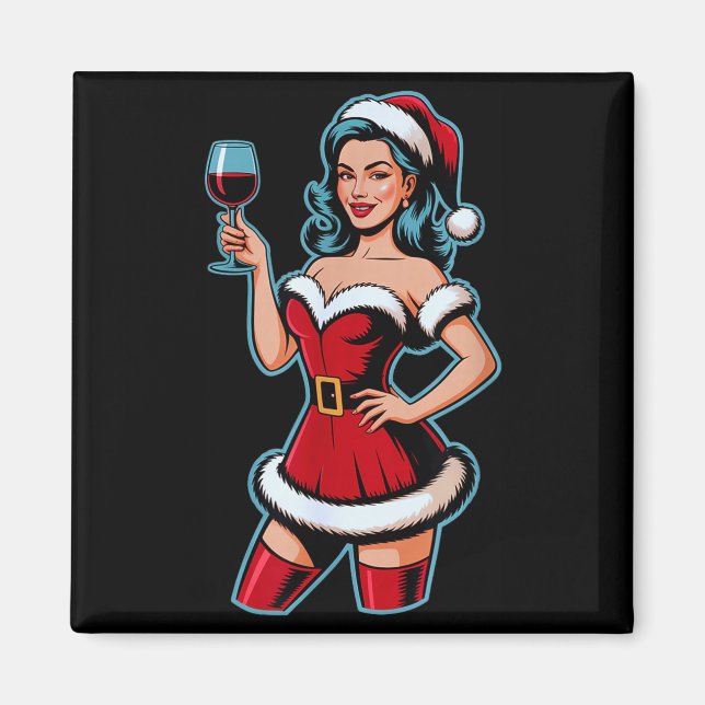Christmas Wine Santa Girl Holiday Party Funny Vint Magnet (Front)