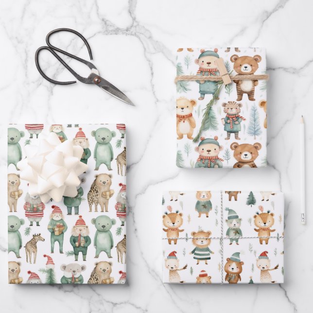 Christmas Winter Animals in Sweaters Wrapping Paper Sheet (Front)