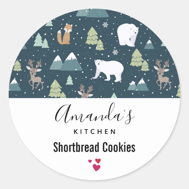 Christmas Winter Animals Rustic Pattern Kitchen Classic Round Sticker (Front)