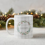 Christmas Winter Berries Wreath Custom Name Coffee Mug<br><div class="desc">Custom-designed coffee mug for the holidays featuring watercolor Christmas wreath design on rustic modern farmhouse buffalo check pattern.</div>