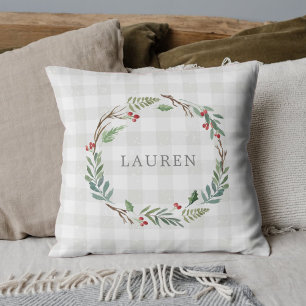 Christmas Winter Berries Wreath Custom Name Cushion