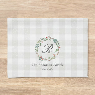 Christmas Winter Berries Wreath Family Name Tea Towel