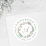 Christmas Winter Berries Wreath Monogram Address Classic Round Sticker<br><div class="desc">Custom-designed Christmas holiday return address round sticker/label featuring personalised monogram encircled in an elegant watercolor Christmas wreath with winter greenery and red berries. This envelope sticker design is perfect for decorating holiday announcements,  invitations,  DIY gifts,  and more!</div>